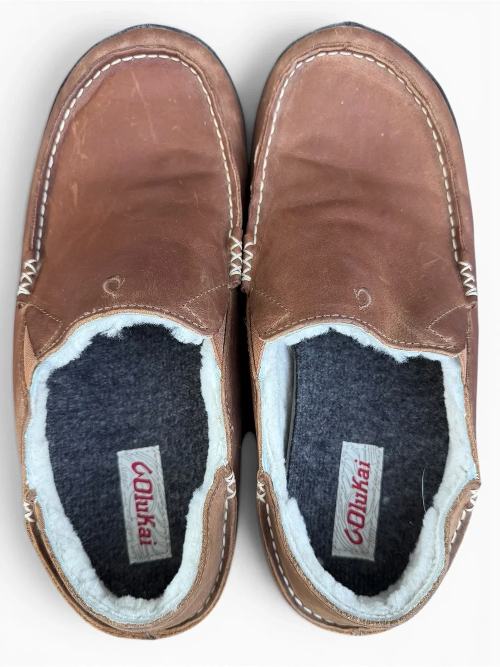 OluKai Moloa Slippers Men’s‎ 12 Brown Leather Shearling Lined Loafers
